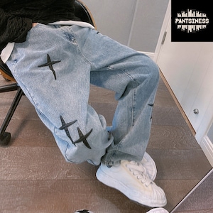 Retro Y2K Cross Embroidered Pants, Wide Leg Mens Fashion Jeans, High Street Hip Hop Trousers, Urban Streetwear Straight Jeans