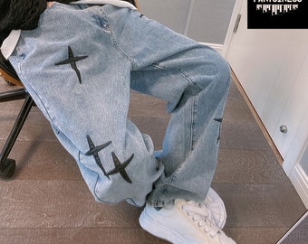 Retro Y2K Cross Embroidered Pants, Wide Leg Mens Fashion Jeans, High Street Hip Hop Trousers, Urban Streetwear Straight Jeans