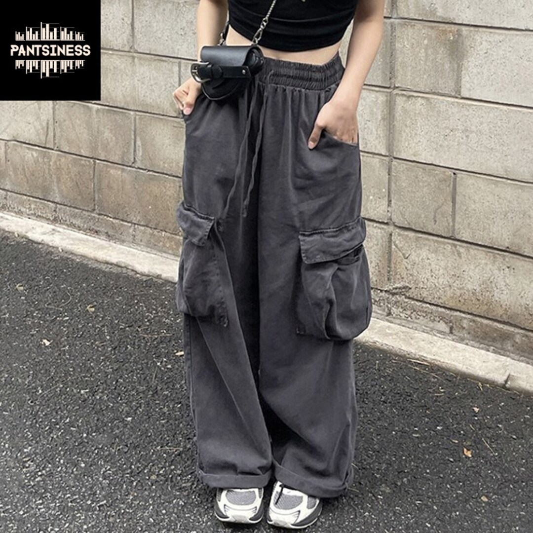 Baggy Cargo Pants, Side Pocket Grunge Bottoms, Gothic Style Wide Leg ...