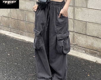 Baggy Cargo Pants, Side Pocket Grunge Bottoms, Gothic Style Wide Leg Trousers, Punk Harajuku Pants