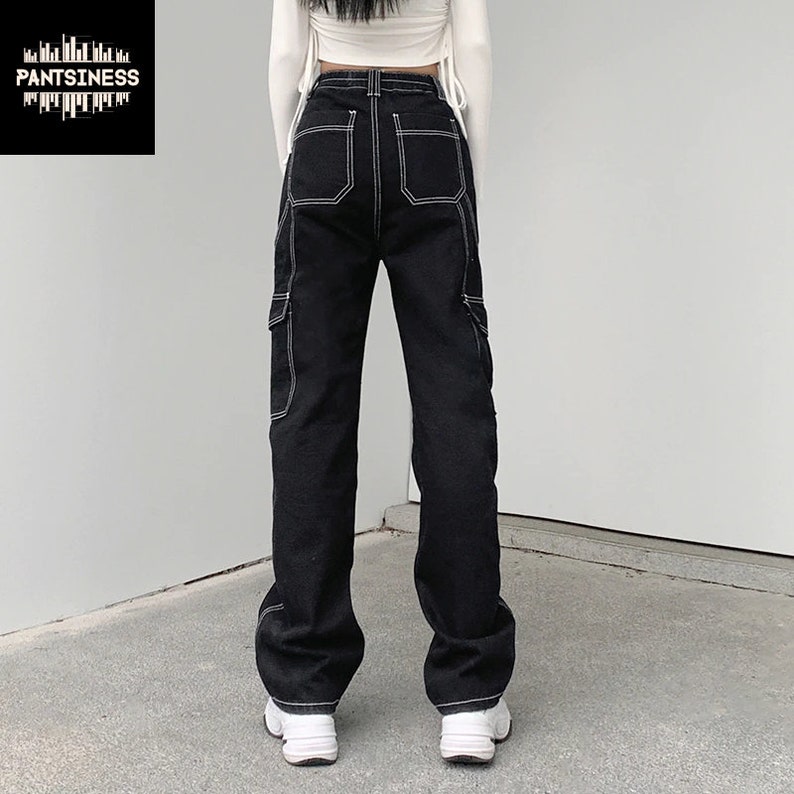 Y2K Decorated White Thread Jeans, Black Side Pocket High Waist Pants ...