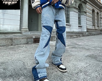 Vintage Western Star Embroidery Jeans, Denim Hip Hop Streetwear Bottoms, Straight Leg Flare Patchwork Pants, Wide Leg Harajuku Jeans