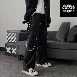 Goth Chain Decorated Cargo Pants, Steampunk Streetwear Trousers, Wide Leg Hip Hop Joggers, Techwear Y2K Korean Style Bottoms