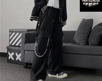 Goth Chain Decorated Cargo Pants, Steampunk Streetwear Trousers, Wide Leg Hip Hop Joggers, Techwear Y2K Korean Style Bottoms