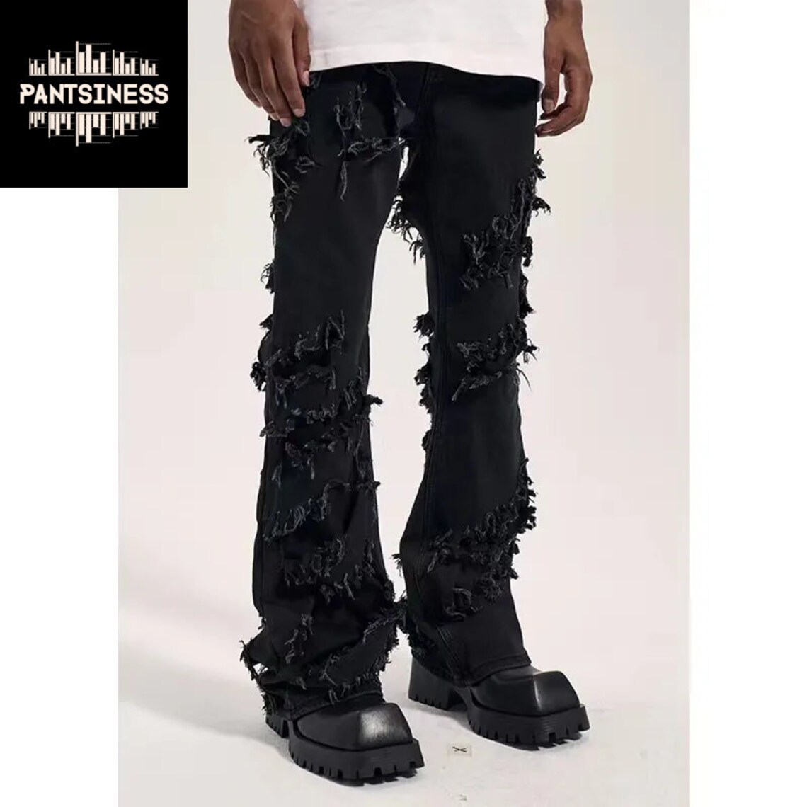 Black Stacked Ripped Jeans, High Street Designer Slim Fit Jeans, Urban ...