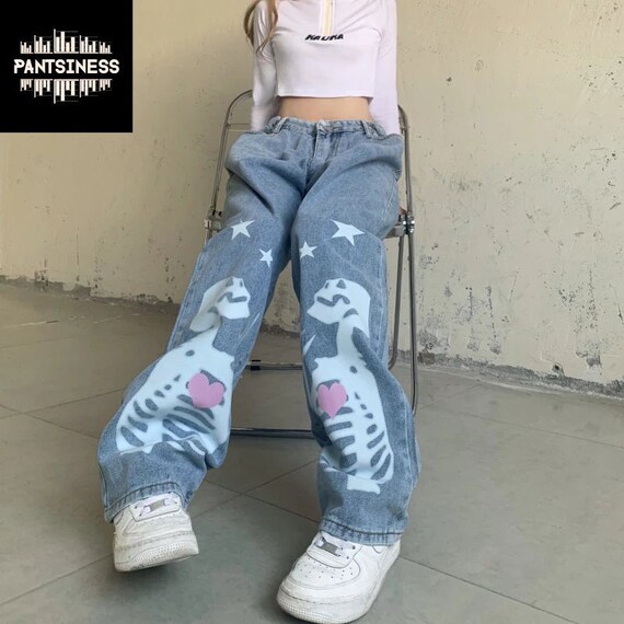 Baggy Jeans Women Y2K Low Waist Wide Leg Jeans Star Jeans Pants Vintage  Straight Denim Pants 90s E Girl Casual Pants(Size:Small,Color:Blue)