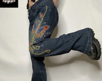 Y2K Embroidered Butterfly Jeans, Straight Leg Chic Pants, Retro Vintage Streetwear Bottoms, Cool Casual Hippie Jeans