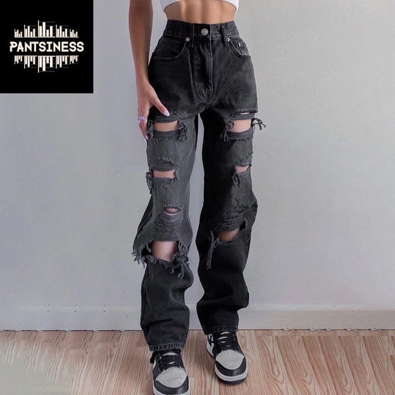 Y2K Ripped Jeans, High Waist Pants With Holes, Distressed Black