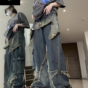 Womens Y2k Denim Pants Zipper Split Side Flare Pants Straight Leg Steampunk  Pants Streetwear Hooks Vintage Jeans Pants