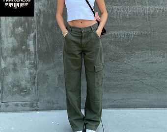 Y2K Side Pocket Retro Cargo Pants, Grunge Streetwear High Waist Jeans, Denim Vintage Techwear Bottoms, Urbanistic Style Trousers