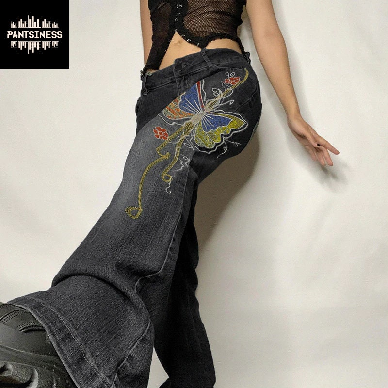 Y2K Embroidered Butterfly Jeans, Straight Leg Chic Pants, Retro Vintage  Streetwear Bottoms, Cool Casual Hippie Jeans 