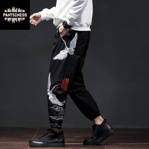 Embroidered Crane Pants, Unisex Harajuku Streetwear Trousers, Korean Style Sukajan Bottoms, High Street Lightweight Trousers