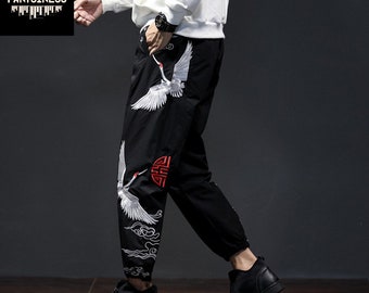 Embroidered Crane Pants, Unisex Harajuku Streetwear Trousers, Korean Style Sukajan Bottoms, High Street Lightweight Trousers