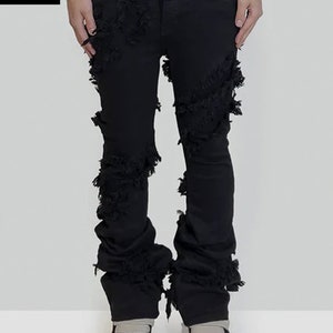Black Stacked Ripped Jeans, High Street Designer Slim Fit Jeans, Urban Style Double Layer Streetwear Pants, Micro Flared Y2K Retro Bottoms
