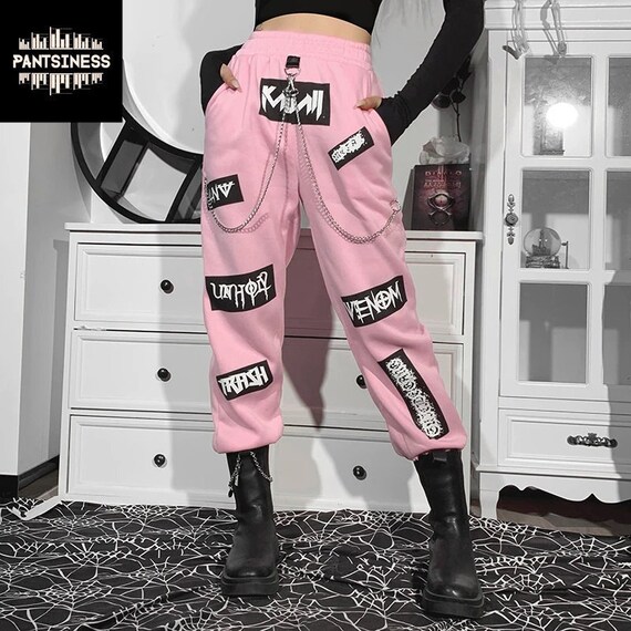 Womens Pink Sweatpants Chain Decorated Gothic Bottoms High Waist