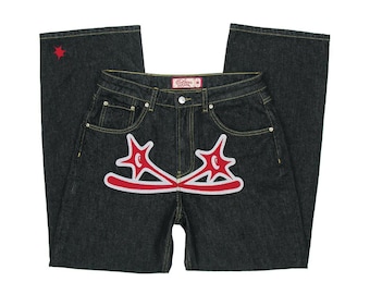 Printed Y2K Denim Jeans, Loose Hip Hop Gothic Steetwear, Retro Star Print Alt Pants, Harajuku Vintage Style Bottoms