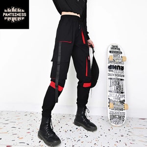 Black/Red Cyber Pants, Womens Urban Streetwear Steampunk Pants, Techwear Cargo Bottoms, Tactical Multi Pocket Trousers