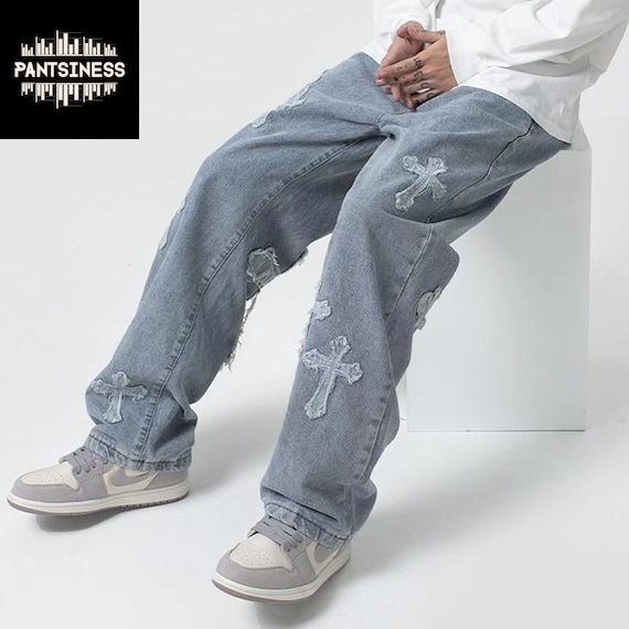 Made To Order Embroidered Monogram Baggy Denim Pants - Men - Ready-to-Wear