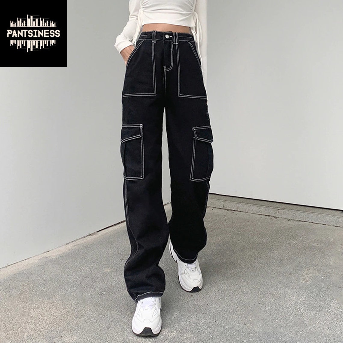 Y2K Decorated White Thread Jeans, Black Side Pocket High Waist Pants ...