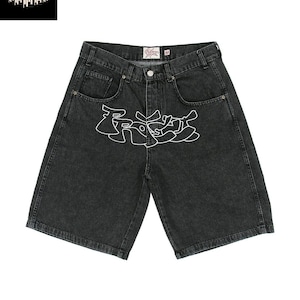 Y2K Embroidered Hip Hop Shorts, Punk High Street Distressed Bottoms, Harajuku Grunge Rap Fan Shorts, Urban Style Black Casual Shorts