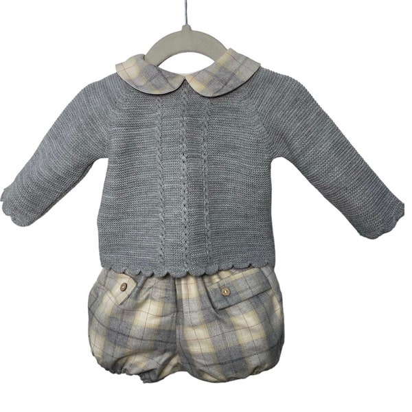 Baby boy knitted set-Peter pan collar top-Long sleeves-Checkered jam pants-Gray red-Traditional baby clothes-Spanish clothing-3-6/6-9 months