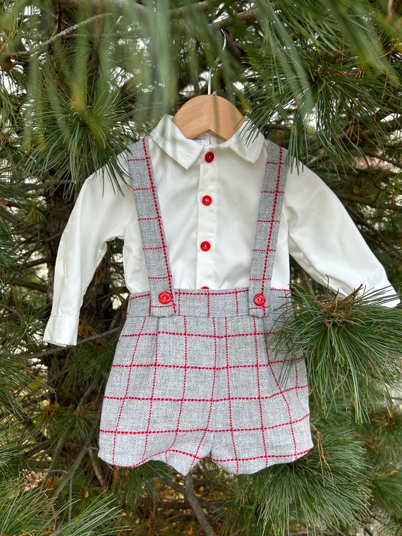 Baby Boy Gray Red Romper white Shirt suspenders Shorts classic