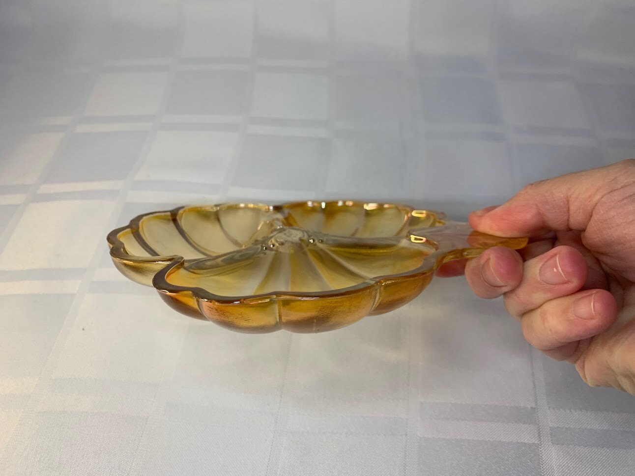 Carnival Glass Depression Glass Hibiscus Flower Dish Vintage Marigold
