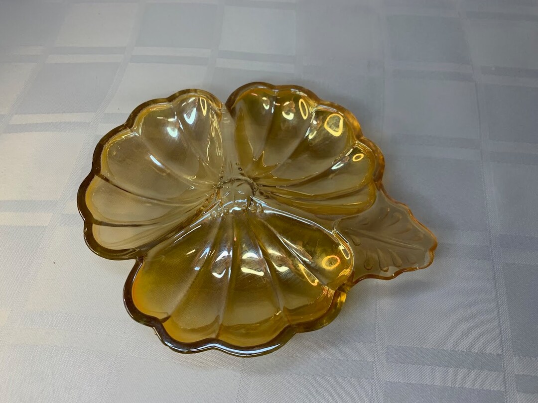 Carnival Glass Depression Glass Hibiscus Flower Dish Vintage Marigold