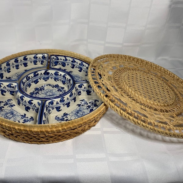 5 Piece Condiment Server Set || Vintage Snack Set || Delft Blue Design || Rattan Basket with Lid || Party or Snack Bowl Serving Set || 1990s