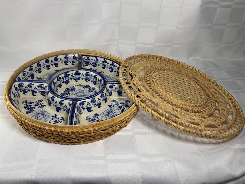 5 Piece Condiment Server Set || Vintage Snack Set || Delft Blue Design || Rattan Basket with Lid || Party or Snack Bowl Serving Set || 1990s