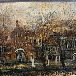 Nice Small Acrylic Painting of Campus and Church...very Fallish and Cozy