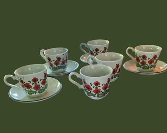 Vintage Johnson Brothers Tea Cups and Saucers, Floral 70s Set