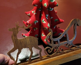 Vintage Handmade Christmas Items...Goose Fabric Tree and Woodcut Sleigh...very sweet for the desk or further decoration.