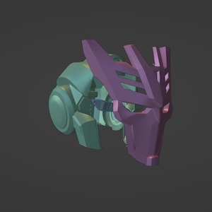 Op de afbeelding: Een 3D-geëxecuteerd, futuristisch ogend masker in paarse en teal tinten. Het masker heeft een geometrisch ontwerp met scherpe hoeken en een vizierachtige structuur. De achtergrond is effen, donkergrijs.