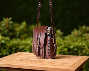Leather shoulder bag with bottle compartment, diy leather bag pattern, leather bag pdf, daily bag, instructions available