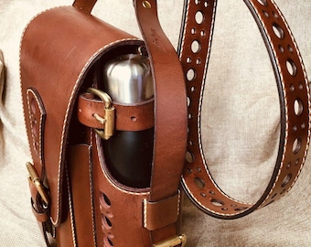 Leather shoulder bag with bottle compartment, diy leather bag pattern, leather bag pdf, daily bag, instructions available
