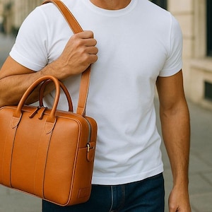 Puede incluir: Un maletín de cuero marrón con un asa superior y una correa para el hombro. La bolsa tiene forma rectangular con cierre de cremallera y la lleva una persona que viste una camiseta blanca y vaqueros azules.