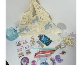 Ocean Lover Gift Box with Crochet Tote, Sea Turtle Bag, Wave Glass Mug, Seashell Hair Clip and Coastal Stationery