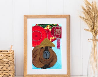 Capibara-kunstdruk voor maannieuwjaar: Aziatisch geïnspireerd grillig decor