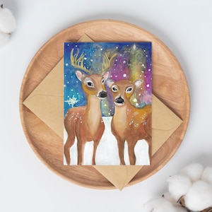 Cartão de felicitações de rena e aurora boreal, cartão de Natal em branco, tamanho A9, cena de feriado com neve, aquarela, arte, saudação de feriado, cartão de nota em branco