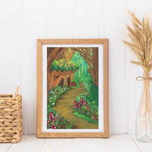 Stampa artistica di una stravagante strada forestale con funghi