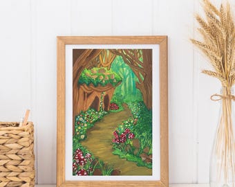 Whimsical Forest Road with Mushrooms Art Print
