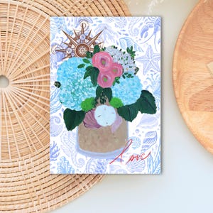 Boussole florale, Saint-Valentin, carte de voeux, thème de l'amour nautique, jolie papeterie, cartes de correspondance vierges personnalisables, jolies cartes côtières du jour V, uniques
