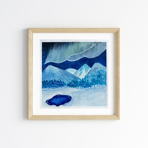 Montaña helada Borealis noche Navidad colgante de pared acuarela original invierno maravillas arte de pared