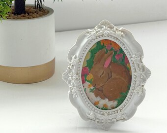 Sleeping Bunny Miniature Framed Art, Whimsical Floral Cottagecore Decor
