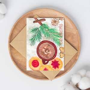 Cartão de felicitações de biscoitos e cacau em geleia Cartão de felicitações de Natal em branco Tamanho A9 Cartão de felicitações de aquarela aconchegante para férias Cartão de felicitações de Natal em branco