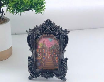 Miniature Botanical Art: Red Floral Painting in Ornate Vintage Frame