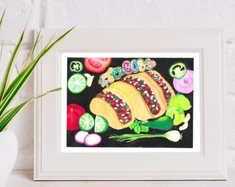 Taco de Asada Gouache Painting: Mexican Food Lover Wall Art