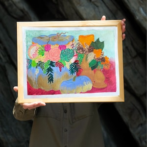 Fall floral succulents pumpkin base mixed media painting Thanksgiving wall home decor Autumn wall hanging original art