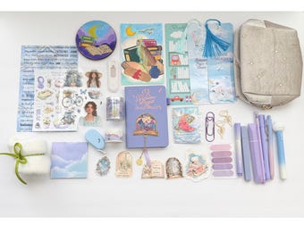 Between Pages and Clouds Journal Bundle gift Set Bookish Theme Lavender Blue Journal Kit gold foil reader pen pal stationery